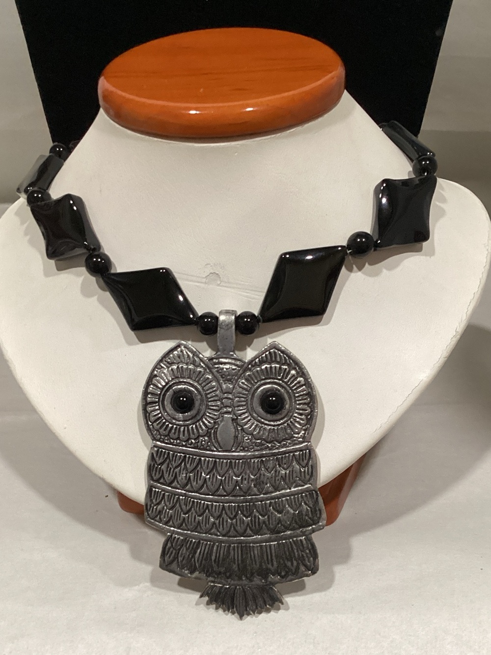 Handcrafted Silver Owl Pendant Necklace with Black glass Beads